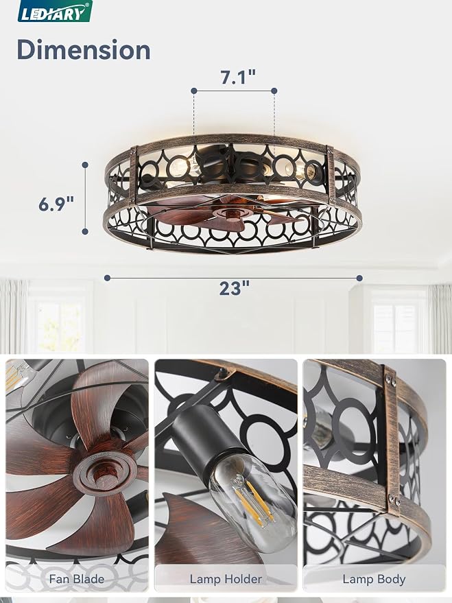 LEDIARY Caged Flush Mount Ceiling Fans with Lights, 23 Inch Farmhouse Low Profile Ceiling Fan with Remote, Small Bladeless Fan Lights Ceiling Fixtures for Bedroom, Kitchen- Black and Gold