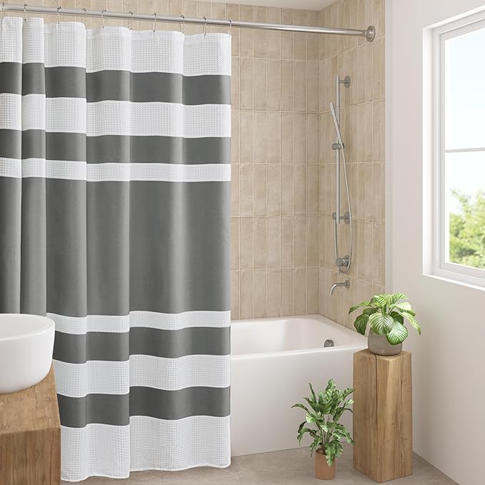 Madison Park Shower Curtain Spa Waffle Weave Wide Shower Curtain for Bathroom 3M Scotchgard Moisture Management, Spa Quality Modern Shower Curtains for Bathroom, Extra Width: 108"x72" Charcoal