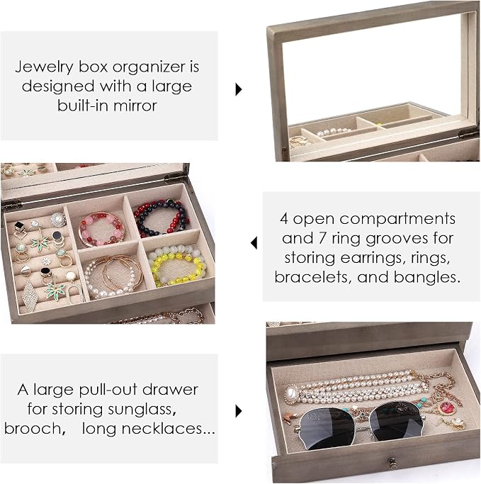 Meangood Jewelry Box Organizer for Women, 2 Layer Large Jewelry Storage Case, Rustic Wooden Jewelry Box with Mirror & Ring Tray for Necklace Earring Bracelets Rings, Vintage Style (Weathered Grey)
