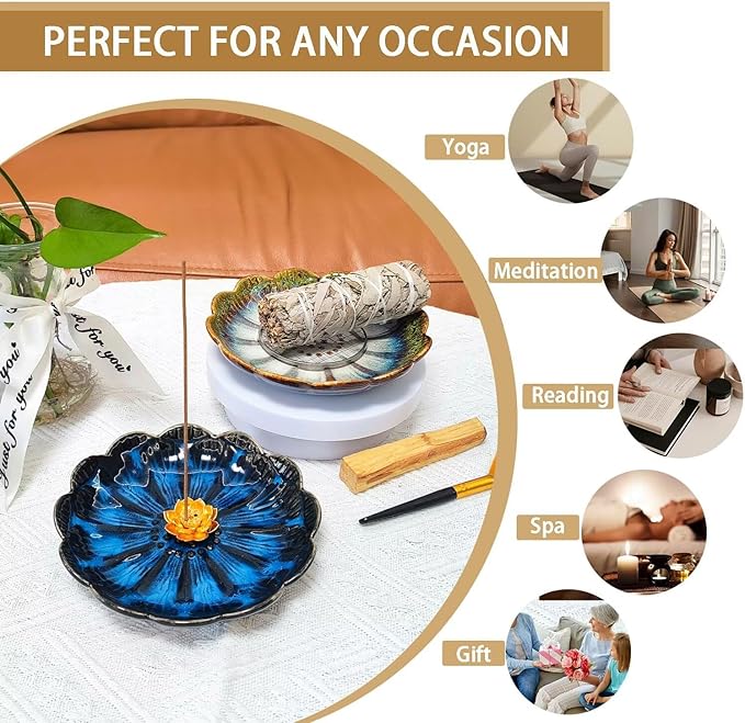 Incense Holder for Sticks,Lotus Flower Coil Incense Burner Holder,Ceramic Sage Holder Palo Santo Holder,Ash Catcher Tray for Meditation Yoga Room Decor,Green