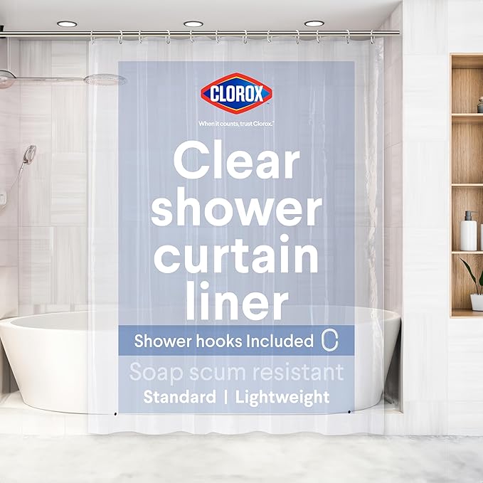 Clorox Shower Curtain Liner & Hooks, Premium Lightweight Flexible Waterproof 4g PEVA for Bathroom with Weighted Magnets, Standard Size 70" x 72", Clear 1 Pack