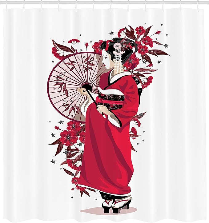 Ambesonne Japanese Shower Curtain, Lady in Kimono with Flowers and Umbrella Traditional Clothes Art, Cloth Fabric Bathroom Decor Set with Hooks, 69" W x 84" L, Fuchsia White