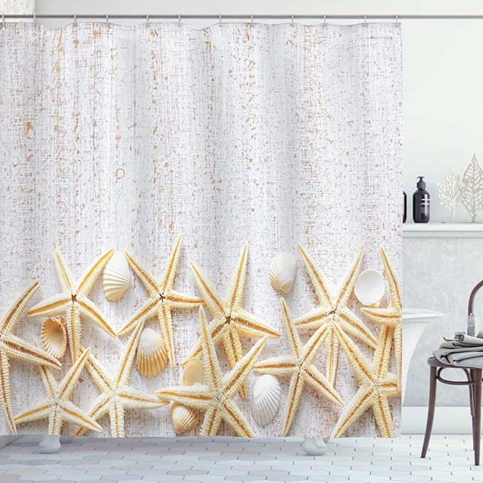 Ambesonne Seashells Shower Curtain, Sea Shells on Timber Pattern Tropical Honeymoon Getaways Classic Marine Theme, Cloth Fabric Bathroom Decor Set with Hooks, 69" W x 84" L, Pearl Ivory