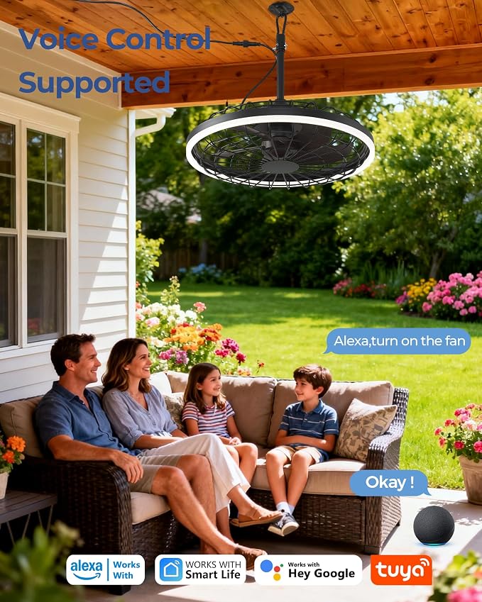 20" Gazebo Fan With Light Waterproof Ceiling Fan,5 Blade,Dimmable Color,3CCT,Alexa/Google,Dark Walnut Plug In Caged Outdoor Fan for Patio Backyard Family Reunions Parties
