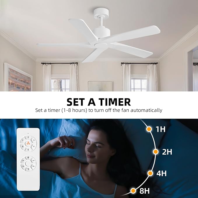 WINGBO 48" DC Ceiling Fan No Light - 5 Carved Solid Wood Blades, 6-Speed Reversible DC Motor, Ceiling Fan without Lights for Living Room Bedroom Kitchen Patio, Indoor and Outdoor, Gloss White