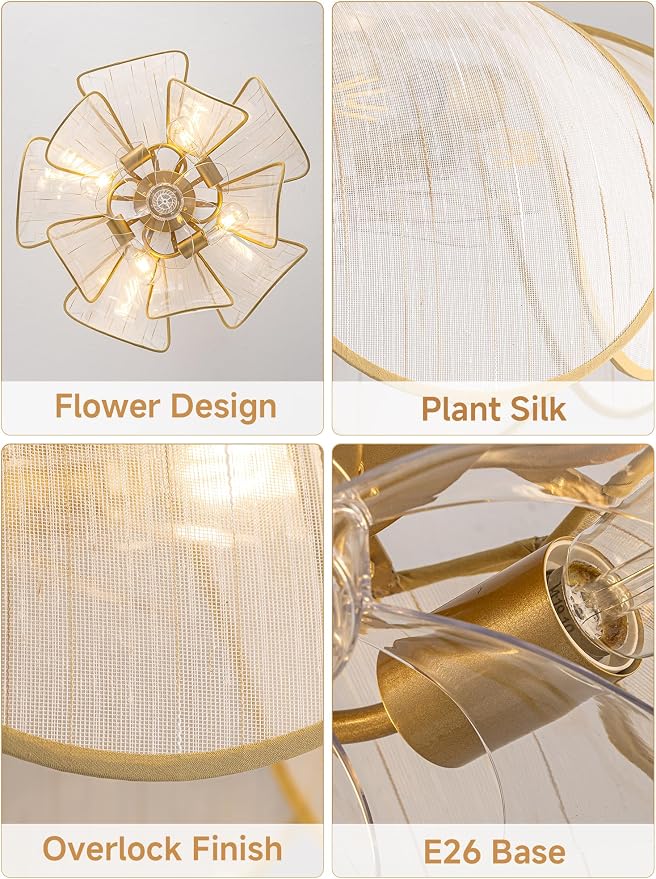 26" Flower Ceiling Fans with Lights and Remote Control,Boho Gold Chandelier Fan with 6 Speeds, Modern Fandelier for Kitchen Island,Dining Room,Living Room,Nursery