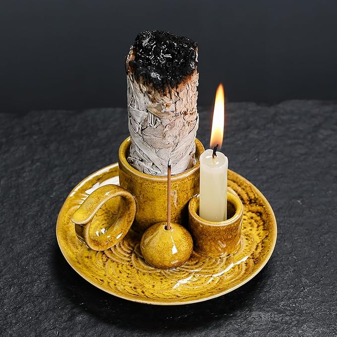 4 in 1 Ceramic Incense Burner Holder with Handle for Burning Sage, Palo Santo Stick, Joss Sticks, Candle in Your New House, Office, Yoga, Meditation Room (Yellow)