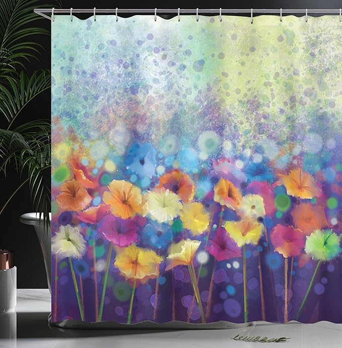 Ambesonne Spring Shower Curtain, Abstract Floral Petals in Misty Tones Daisy Gerbera Dandelion Blossom Meadow Paint, Cloth Fabric Bathroom Decor Set with Hooks, 69" W x 75" L, Purple Mint