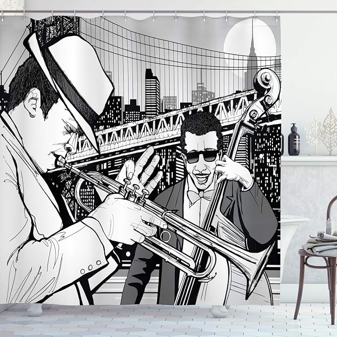 Ambesonne Music Shower Curtain, Illustration of Jazz Band Playing The Blues in New York in Moonlight Retro Design, Cloth Fabric Bathroom Decor Set with Hooks, 69" W x 70" L, Black White