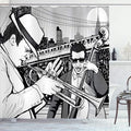 Ambesonne Music Shower Curtain, Illustration of Jazz Band Playing The Blues in New York in Moonlight Retro Design, Cloth Fabric Bathroom Decor Set with Hooks, 69" W x 70" L, Black White