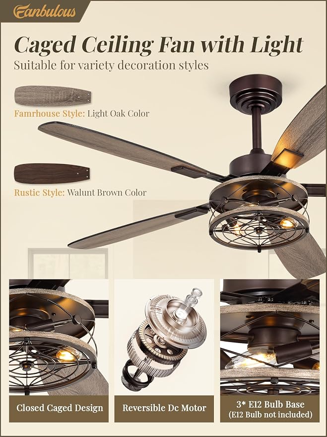Fanbulous Farmhouse Ceiling Fan with Light and Remote, Industrial Caged Flush Mount Ceiling Fans with 6 Speed Reversible Motor and Dual Finish 5 Blades, for Living room, Bedroom (Oil Bronze, 52Inch)