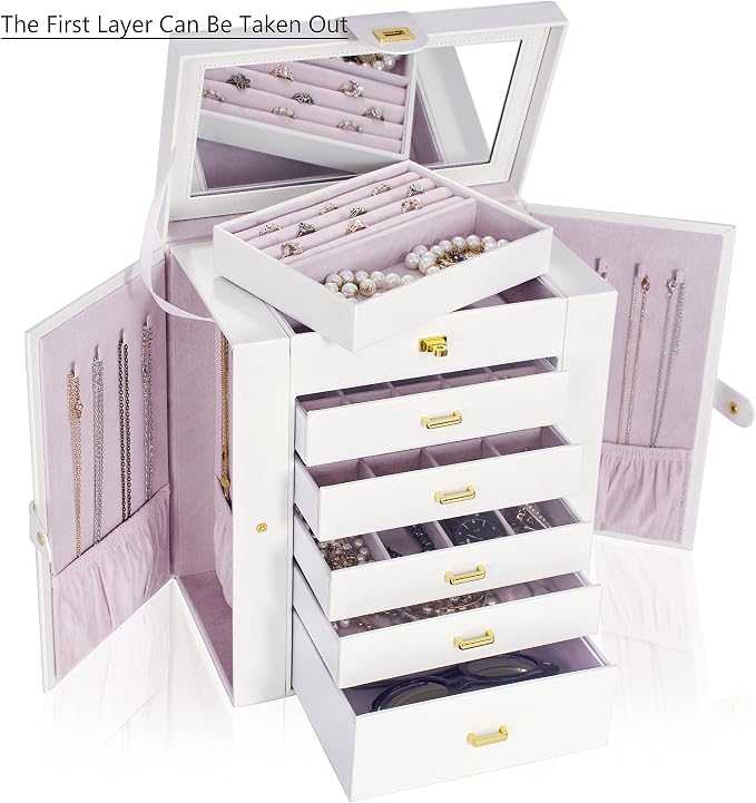 AKOZLIN 6-Tier Jewelry Box Organizer Functional 5 Drawers Leather Jewelry Storage Case for Women Girls Ring Necklace Earring Bracelet Holder Organizer with Mirror Extra Large White