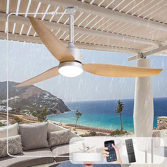Depuley Outdoor Ceiling Fan with Light: 52 Inch Nickel Waterproof Gazebo Fans with Lights Outdoor Hanging - Plug in Remote App Control for Patio Indoor Farmhouse Porch - 6 Speed Reversible DC Motor