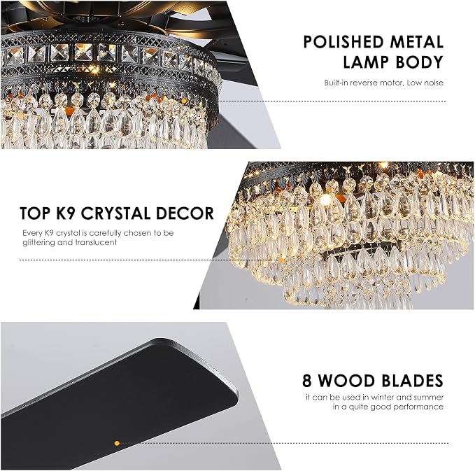 72 Inch Black Large Crystal Chandelier Ceiling Fans with Lights and Remote | Supports Remote and APP,6 Reversible Wind Speeds,60W Quiet AC Motor,8 Wooden Blades,4*E12 LED Bulbs Included,for Living Room