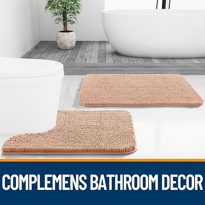 OLANLY Bathroom Rugs 34x21, Extra Soft Absorbent Chenille Bath Rugs, Rubber Backing Quick Dry, Machine Washable Bath Mats for Bathroom Floor, Tub and Shower, Home Decor Accessories, Peach