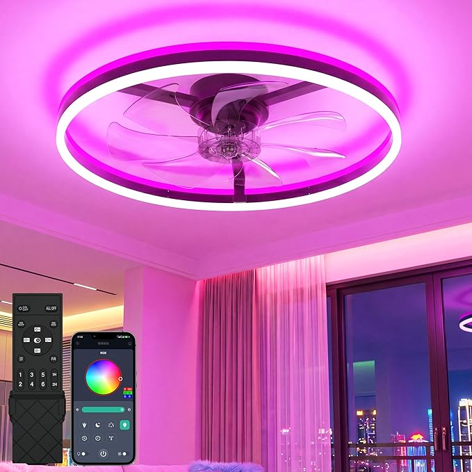NIORSUN RGB Ceiling Fans with Lights and Remote, Modern Smart LED Ceiling Fans Light, 6 Speeds & 3000K-6500K Dimmable, Quiet Bladeless Fandelier Ceiling Fan with Light for Bedroom(24Inch, Black)
