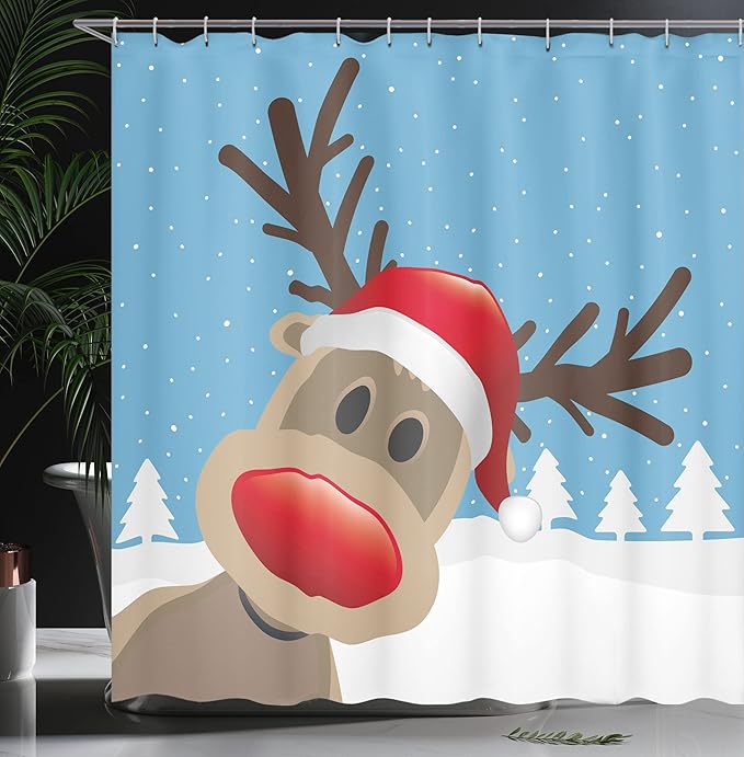 Ambesonne Christmas Shower Curtain, Reindeer Rudolph Red Nose and Santa Claus Hat Snowy Forest, Cloth Fabric Bathroom Decor Set with Hooks, 69" W x 70" L, Brown Blue