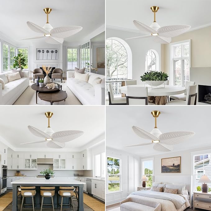 52" Tropical Ceiling Fans with Lights, Indoor Palm Leaf Ceiling Fan with Light and Remote for Living Room Bedroom, ABS Blades, Dimmable LED Lights, 6 Speeds, Adjustable Height-White Gold