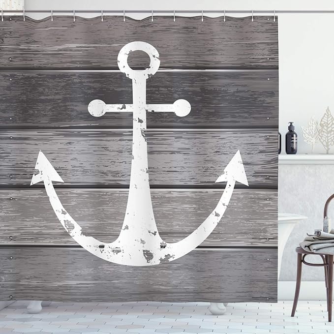 Ambesonne Anchor Shower Curtain, Grunge Style Pattern of Marine Ornament on Weathered Rustic Wooden Planks, Cloth Fabric Bathroom Decor Set with Hooks, 69" W x 70" L, Taupe Dust