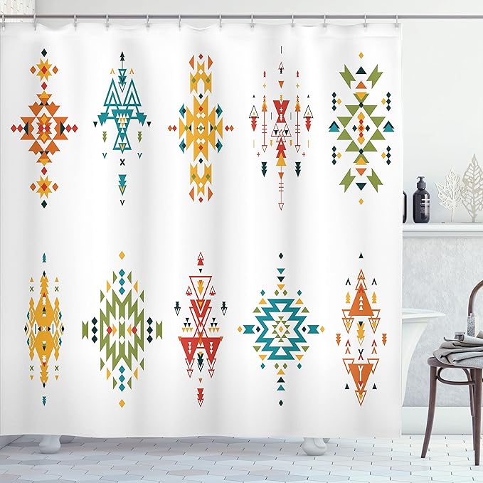 Ambesonne Tribal Shower Curtain, Abstract Style in Colorful Design Vintage Old Illustration, Cloth Fabric Bathroom Decor Set with Hooks, 69" W x 70" L, Petrol Blue