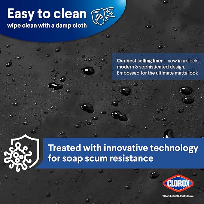 Clorox Shower Curtain Liner, Premium Medium Weight Flexible Waterproof 6g PEVA for Bathroom with Weighted Magnets, Standard Size 72" x 72", Black 1 Pack