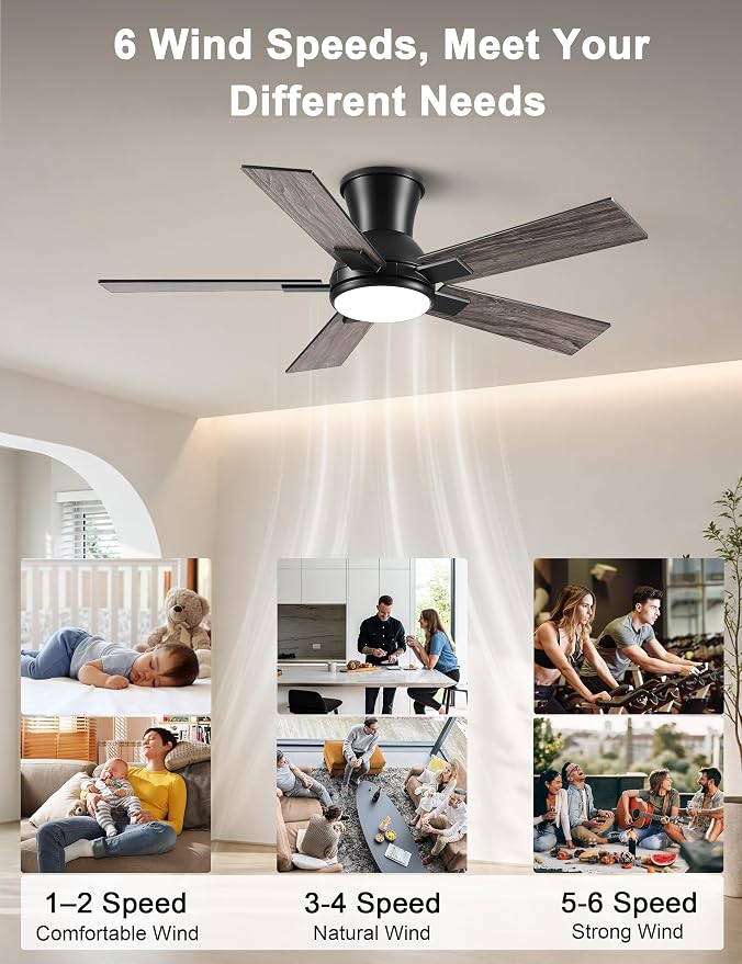 Modern Ceiling Fans with Lights - 42 inch Low Profile Ceiling Fan with Light and Remote, Flush Mount Reversible DC Motor, 6-Speed Quiet LED Dimmable for Bedroom, Indoor and Outdoor, Patios Black