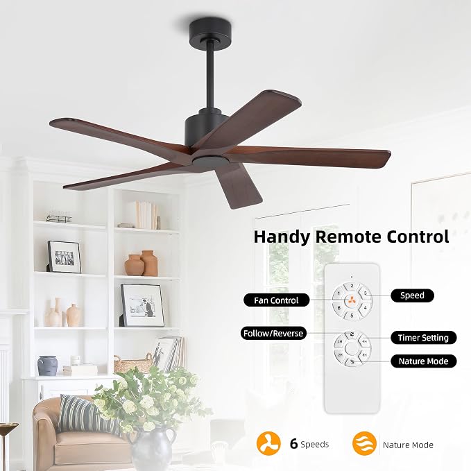 WINGBO 48" DC Ceiling Fan No Light - 5 Carved Solid Wood Blades, 6-Speed Reversible DC Motor, Ceiling Fan without Lights for Living Room Bedroom Kitchen Patio, Indoor and Outdoor, Black and Walnut
