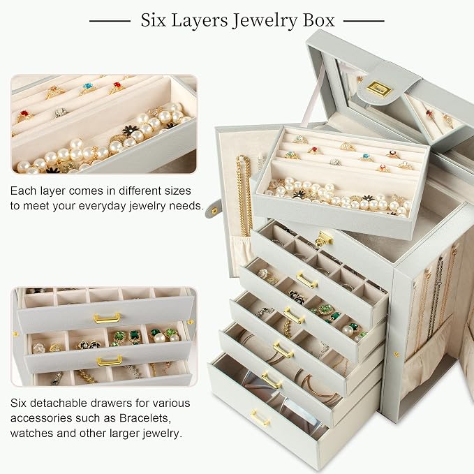AKOZLIN 6-Tier Jewelry Box Organizer Functional 5 Drawers Leather Jewelry Storage Case for Women Girls Ring Necklace Earring Bracelet Holder Organizer with Mirror Grey Large