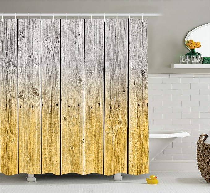 Ambesonne Rustic Shower Curtain, Wood Panels Background Digital Tones Effect Country House Art Image, Cloth Fabric Bathroom Decor Set with Hooks, 69" W x 75" L, Mustard Pearl