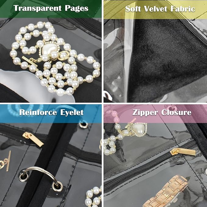 Travel Jewelry Organizer Case,Jewelry Bags for Traveling, Jewelry Binder with 24 Pcs Clear Zipper Velvet Pouches for Storing Earrings, Rings, Necklace, Bracelet, Watch (Black)