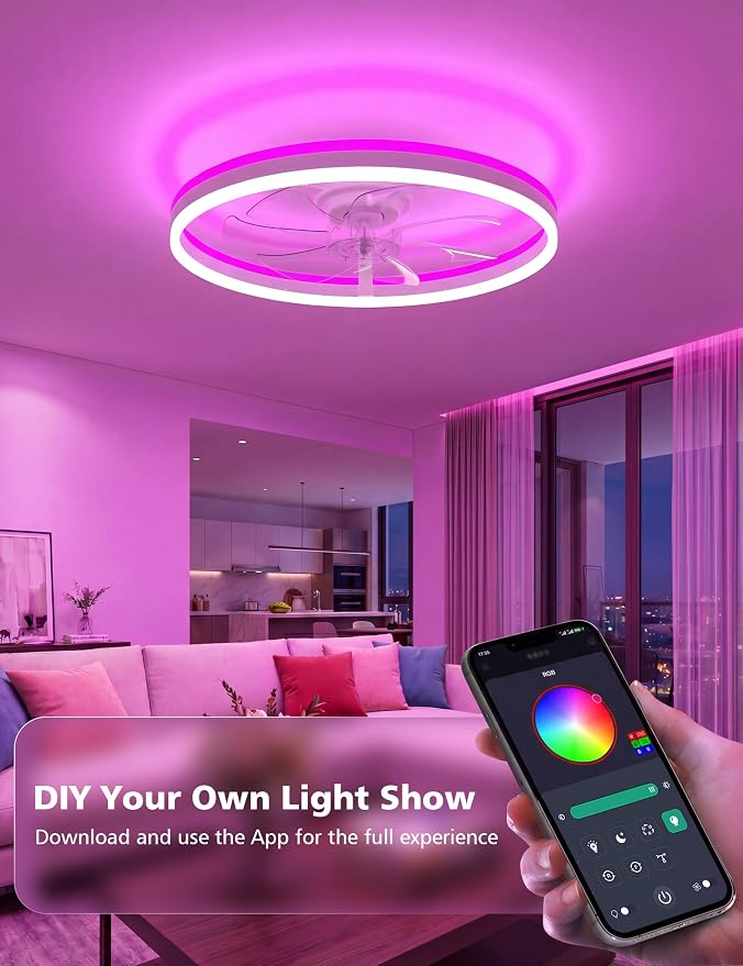 NIORSUN RGB Ceiling Fans with Lights and Remote, Modern Smart LED Ceiling Fans Light, 6 Speeds & 3000K-6500K Dimmable, Quiet Bladeless Fandelier Ceiling Fan with Light for Bedroom (24Inch,White)
