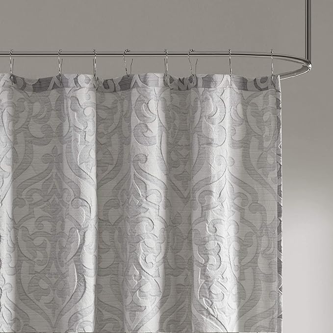 Madison Park Odette Fabric Shower Curtain Luxe Textured Jacquard, Damask Medallion Machine Washable Modern Home Bathroom Decor, Bathtub Privacy Screen, 72" x 72", Silver