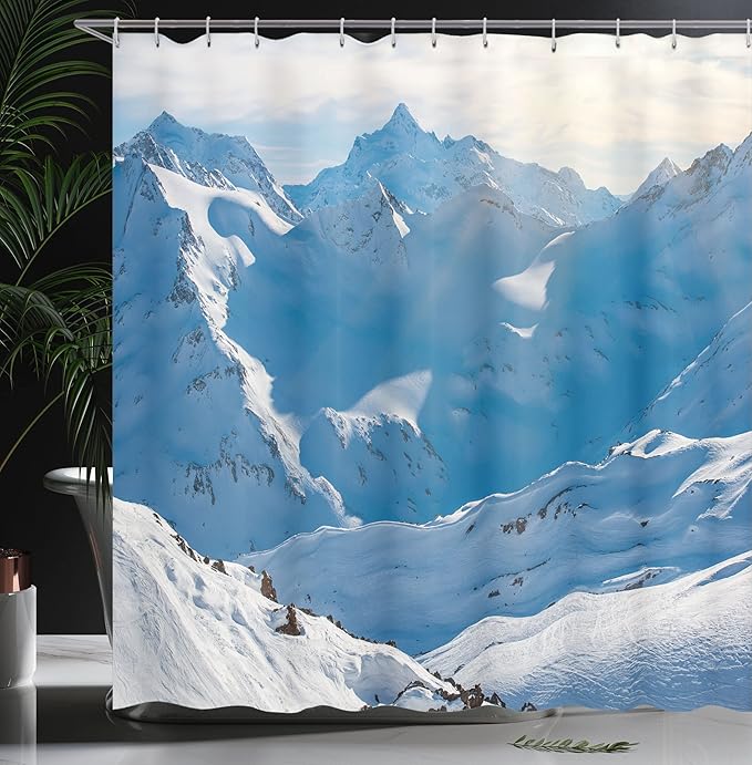 Ambesonne Mountain Shower Curtain, Snowy Mountain Peaks Winter Season Frozen Lands Alps High Scenic Europe Surreal, Cloth Fabric Bathroom Decor Set with Hooks, 69" W x 70" L, White Blue