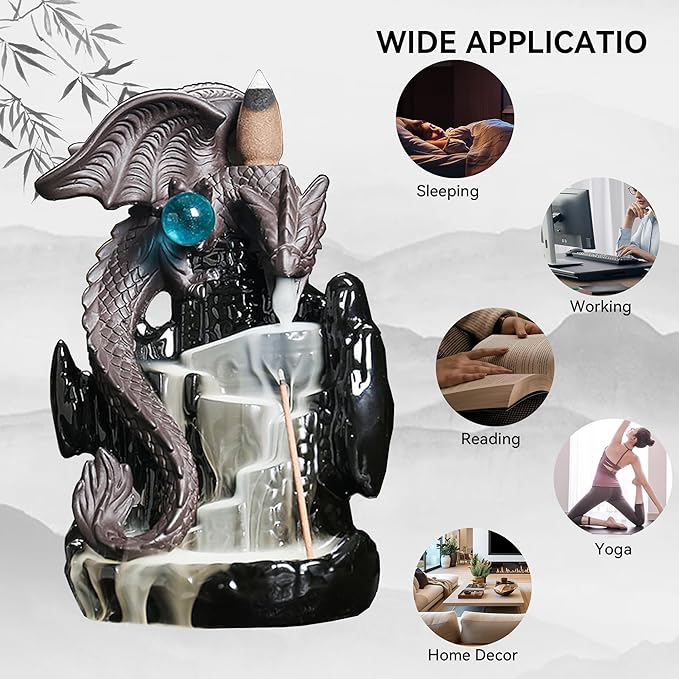 Ceramic Backflow Incense Holder, Waterfall Incense Burner with 20 Backflow Incense Cones + 30 Incense Stick, Dragon Backflow Incense Burner for Aromatherapy Ornament Home Decor