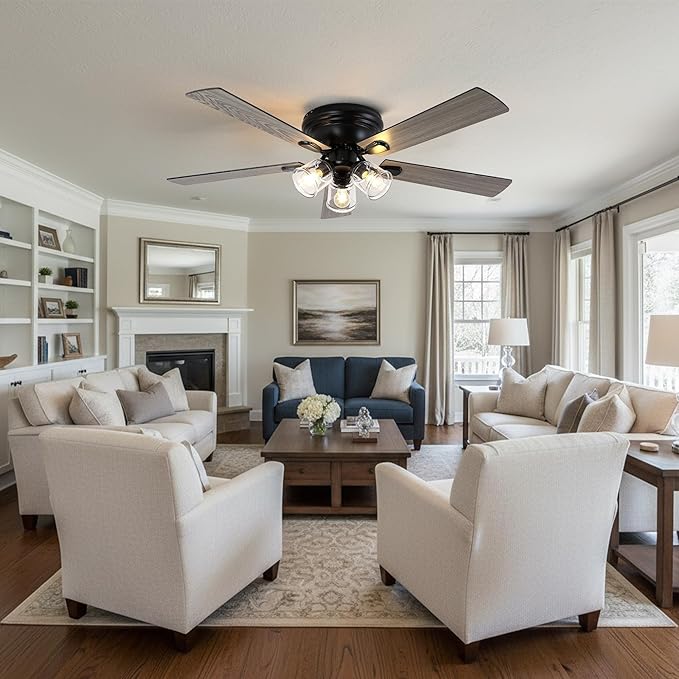 52" Flush Mount Ceiling Fan with Lights and Remote Control | Farmhouse Ceiling Fan with Light,Reversible Quiet DC Motor,5 Wood Blades,3 Clear Glass Lights for Bedroom Living Room Kitchen