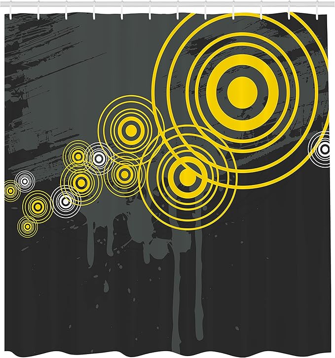 Ambesonne Grey and Yellow Shower Curtain, Music Street Design Inspired Geometrical Inner Circles Image, Cloth Fabric Bathroom Decor Set with Hooks, 69" W x 70" L, Charcoal Grey and Black