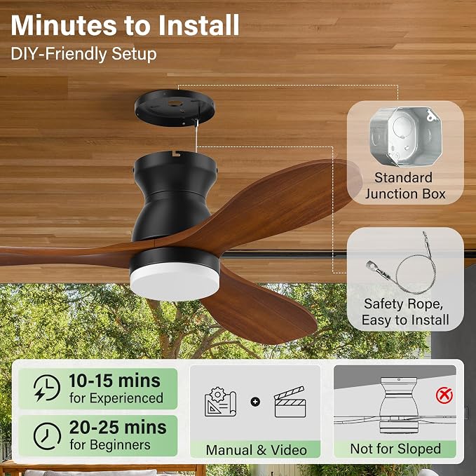 42 Inch Wood Ceiling Fans with Lights Remote,Smart Control via Alexa,APP,Quiet DC Motor,Dimmable,Outdoor Indoor, Flush Mount Hugger Modern Ceiling Fan for Low Profile Bedroom,Patio,Walnut Brown& Black