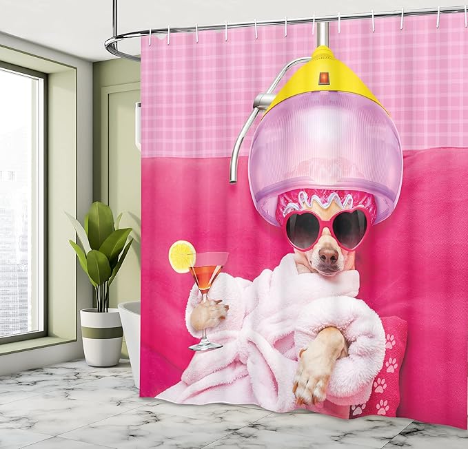Ambesonne Funny Shower Curtain, Chihuahua Dog Relaxing and Lying in Wellness Spa Fashion Puppy Comic Print, Cloth Fabric Bathroom Decor Set with Hooks, 69" W x 75" L, Pink Magenta