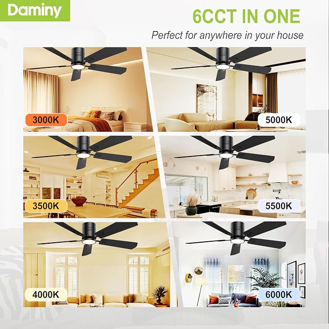 DAMINY 52 inch 5 Blades Black Ceiling Fans with Lights,Flush Mount,6CCT, Low Profile Ceiling Fan with Light and Remote Control,DC Motor,Ceiling Fan for Bedroom, Kitchen,Living Room,Indoor/Outdoor Use