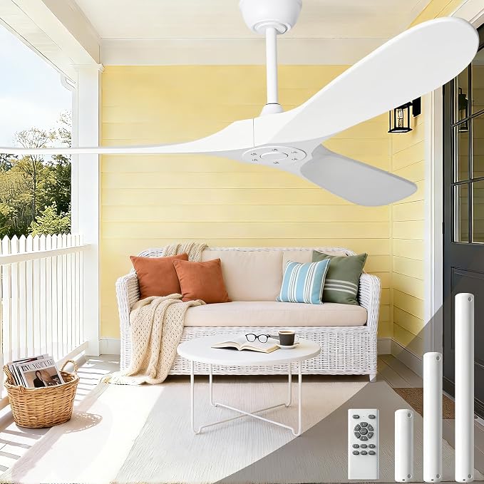 72 Inch White Ceiling Fan No Light, Wood Outdoor Ceiling Fans without Lights for Patios Gazebo Porch Living Room, Modern Exterior Extra Large High CFM Ceiling Fan No Light with Downrod