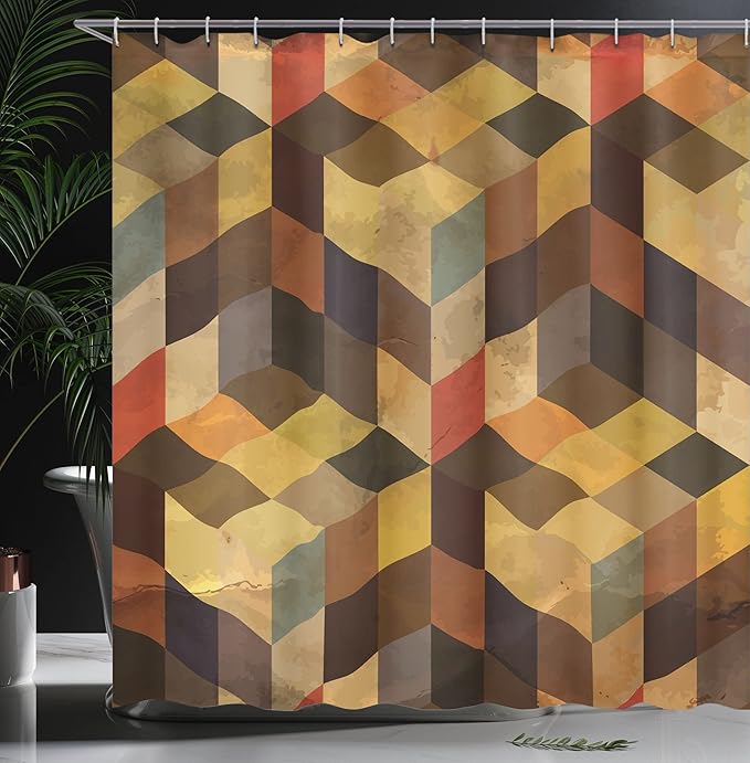 Ambesonne Modern Shower Curtain, Geometrical Shaped Lines Squares Chevron Graphic Art Print, Cloth Fabric Bathroom Decor Set with Hooks, 69" W x 70" L, Orange Apricot