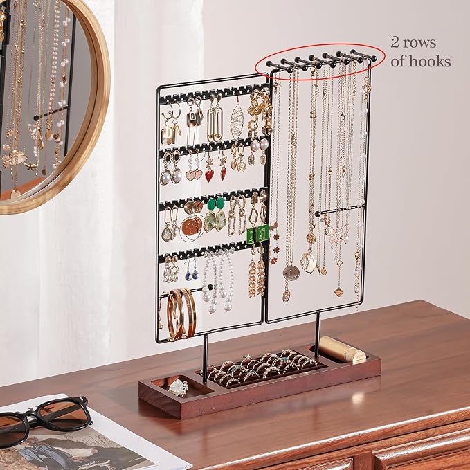 ProCase Jewelry Organizer Stand Earring Holder Organizer, 6 Tiers Earring Organizer Tree Necklace Rack Jewellery Tower Bracelets Holder Storage with Removable Wooden Ring Tray for Women Girls -Black