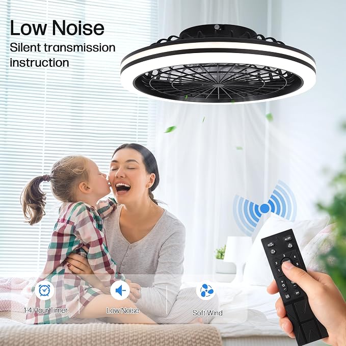 20" Bladeless Ceiling Fans with Light Remote Control,LED Smart Flush Mount Ceiling Fan With light for Bedroom, Kids Room, Reversible Motor, 6 Wind Speed, 3000LM, 57W-White/Black (Black2)