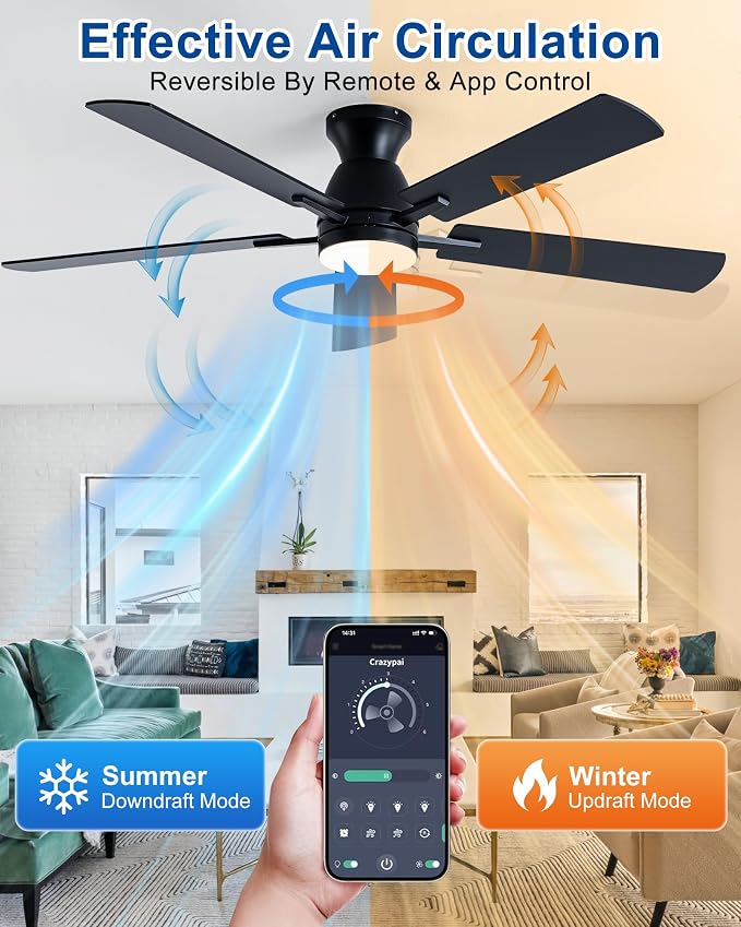 Coolwind 52in 5 Blade Black Flush Mount Dimmable Ceiling Fan | APP and Remote Control, Low Profile Bedroom Ceiling Fan with 6 Speeds & 3CCT, Quiet DC Motor for Indoor/Outdoor Use