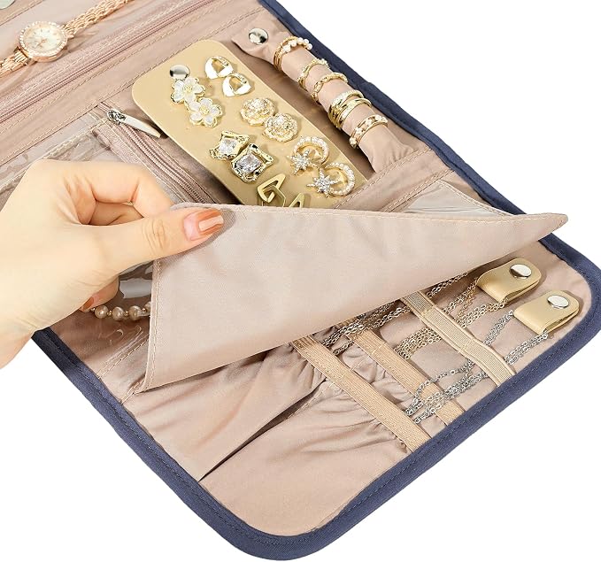 BELALIFE Travel Jewelry Case, Jewelry Organizer Roll for Accessories | Bag with foldable roll design for earrings, necklaces, rings, bracelets and brooches, Blue-Gray