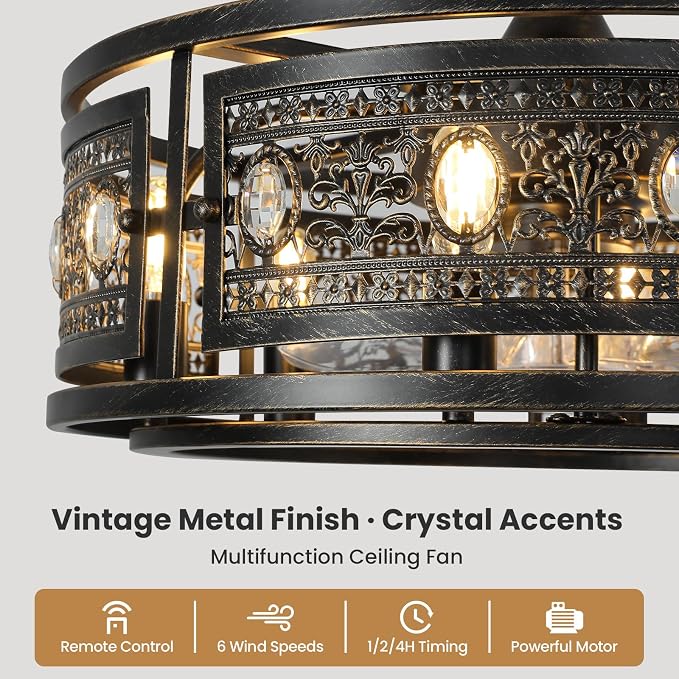 Crystal Caged Ceiling Fan with Light, 19'' Vintage Black Bladeless Fandelier Ceiling Fan with Remote, Low Profile Farmhouse Ceiling Fan for Bedroom Kitchen Living Room