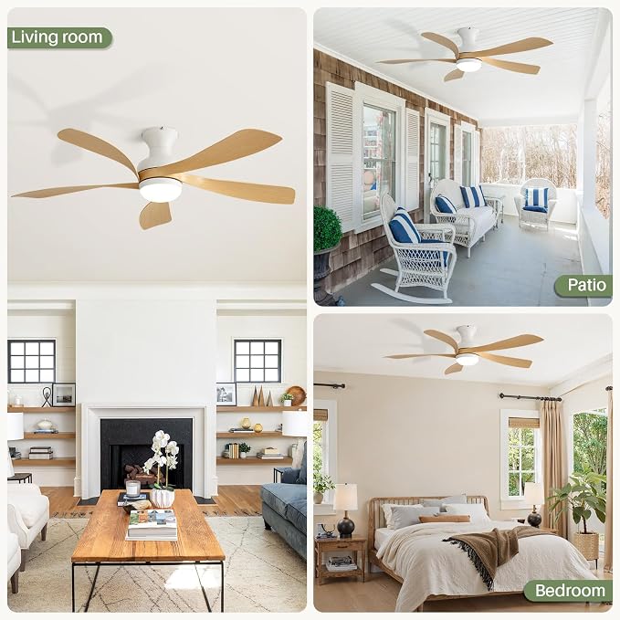 Sofucor 52 Inch Low Profile Ceiling Fan with Light, Modern Flush Mount Outdoor Ceiling Fan with Remote for Bedroom Living Room Patio, Dimmable LED High Airflow Quiet Reversible DC Motor