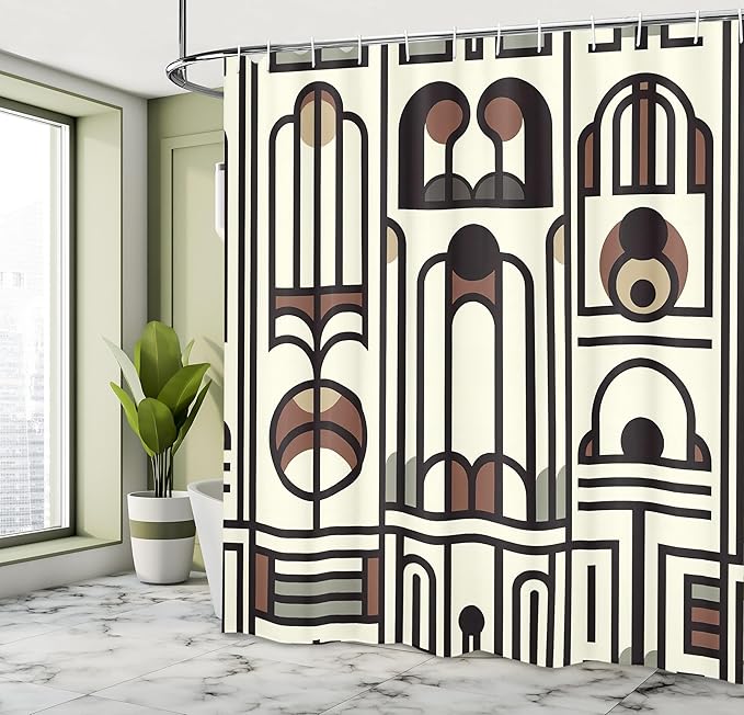 Ambesonne Modern Shower Curtain, Art Abstract Design of Arch Lines and Mid Century Round Details Geometric, Cloth Fabric Bathroom Decor Set with Hooks, 69" W x 75" L, Eggshell Caramel Grey