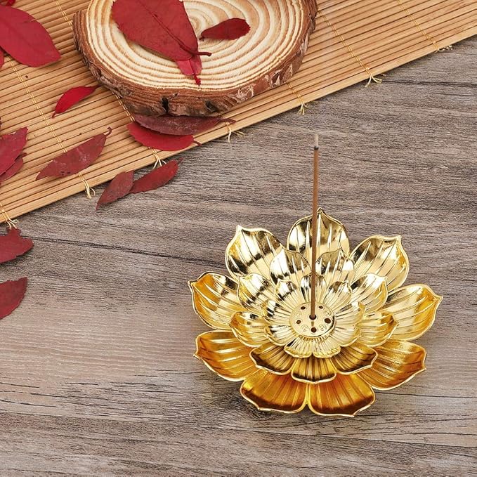 Accmor Zinc Alloy Incense Holder, Lotus Stick Incense Burner, Incense Holder for Stick/Coil/Cone Incense with Ash Catcher, Gold