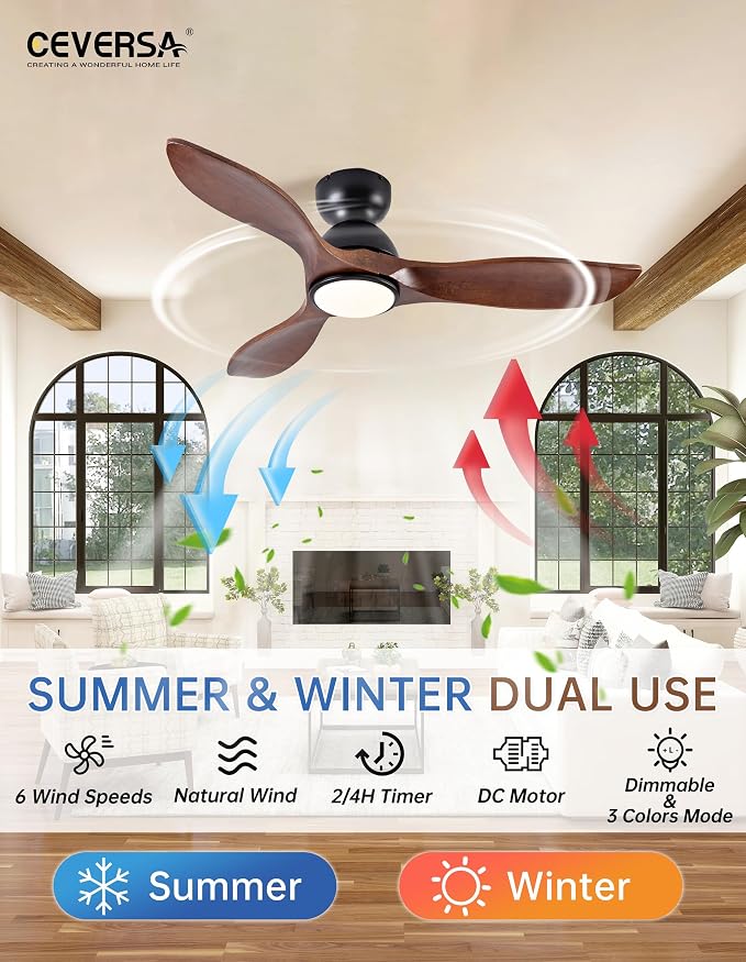 42 Inch Low Profile Ceiling Fans with Lights and Remote, Flush Mount 3 Blade Wood Ceiling Fan,Dimmable,Quiet Noiseless for Patios,Living Room,Bedroom(Wall Control Switch)